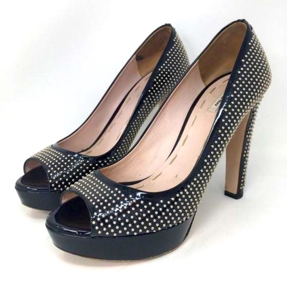 Miu Miu PRADA Shoes Heels Pumps Black Patent Studs Peep Toe Italy 39 - Picture 2 of 14
